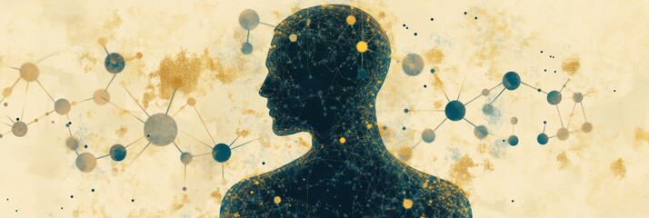 Aufkleber - A human silhouette surrounded by molecular structures and diagrams symbolizes the interaction of science and human existence. Generative AI