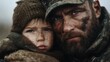 © Dulemegapixel - Emotive portrait showing a father and child in military camouflage, their faces marked by dirt, reflecting resilience and the protective bond between them.