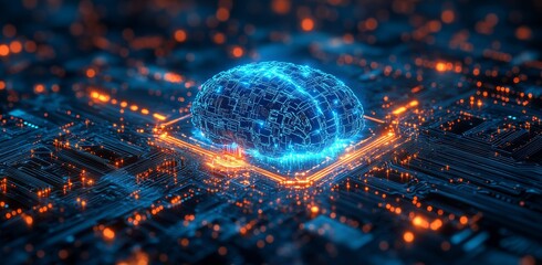 Poster - A modern illustration of a digital circuit network in the shape of a brain. Digital data communication and stock concepts are shown.
