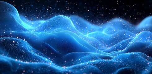 Poster - An abstract digital high tech space with a futuristic wave wireframe of big data and a glowing geometry square. Conceptual illustration of future communications.