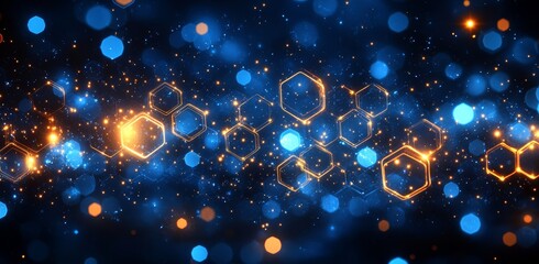 Poster - Illustration showing a futuristic digital high-tech space with futuristic hexagons, circles, and gridlines. Concepts for digital communications of the future.