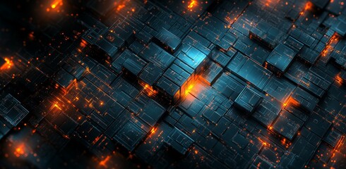 Poster - Isolated digital background with glowing vertical line and circuit pattern of digital elements. Concept of digital technology. Abstract blue digital hi-tech background with glowing vertical line.