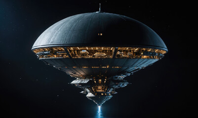 Wall Mural - A large, futuristic spaceship hovers in the darkness of space, its lights illuminating the surrounding area