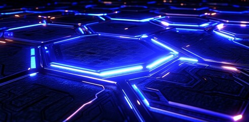 Poster - It is illustrated using a purple and blue hexagonal network and futuristic technological pattern to illustrate the concept of digital innovation communication and technology.