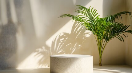 Wall Mural - Minimalist white podium with palm leaf shadow for product display.