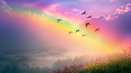 Poster - A flock of multi-colored birds soaring through a rainbow sky over a beautiful landscape.