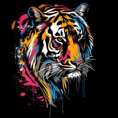  Colorful tiger portrait with vibrant paint splashes on a black background. Digital illustration combining bold colors and dynamic brushstrokes. Generative AI