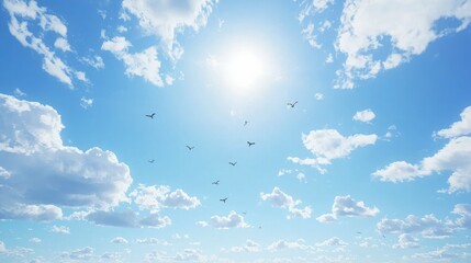 Aufkleber - Birds flying across a vast blue sky with a few white clouds floating in the distance. 