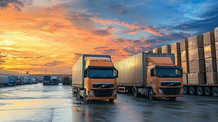 Poster - Trucks being loaded at a distribution center, preparing for nationwide logistics and delivery. 