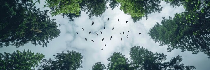 Poster - Birds flying above a dense forest, viewed from below as they glide across the sky.