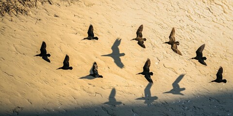 Poster - Birds flying directly overhead, casting shadows on the ground below as they pass. 