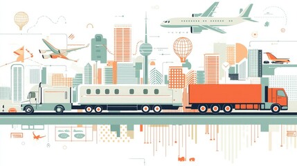 Poster - A transportation vector illustration showcasing cars, trucks, and planes in clean, modern lines 