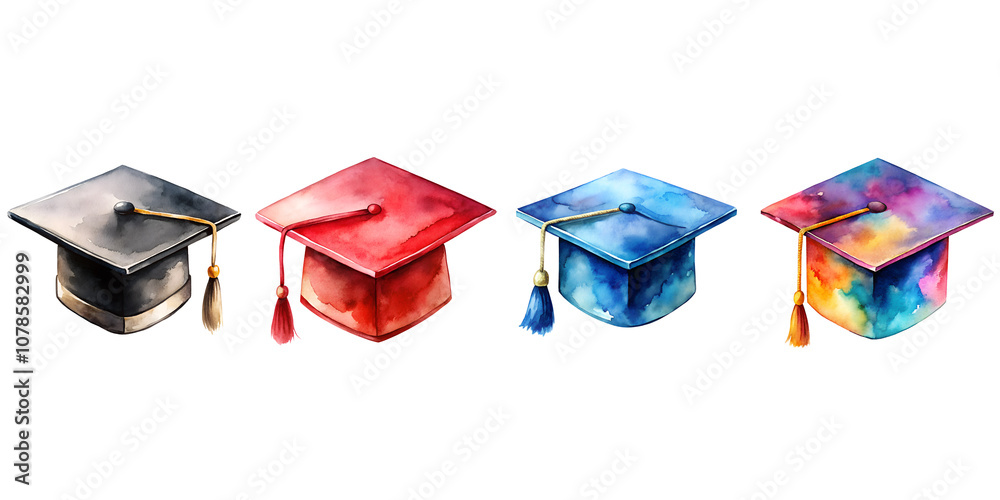 Watercolor colorful graduation cap clipart isolated on transparent ...