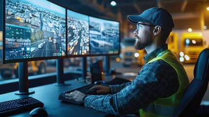 Poster - A logistics control center with multiple screens displaying transportation data and vehicle tracking. 