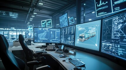 Poster - A logistics control center with multiple screens displaying transportation data and vehicle tracking. 