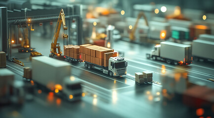 Poster - A semi-truck with a full load of boxes drives on a road, while a crane lifts cargo containers overhead