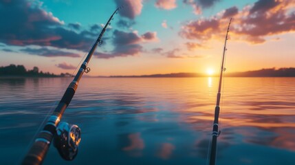 Poster - Two fishing rods are in the water, one of which is being used