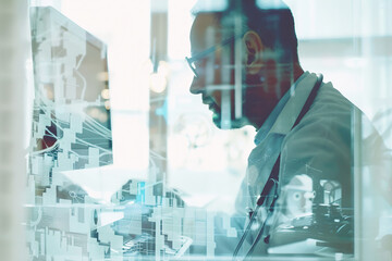 Poster - a double exposure image of a specialist worker silhouette against a backdrop of urban lights generat