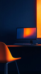 Poster - An orange chair sits in front of a computer desk with a monitor that is displaying an image of a sunset, reflecting the warm orange glow of the evening light