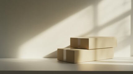 Poster - Two cardboard boxes are stacked on top of each other on a white table