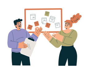 Aufkleber - Productive Team with Business Man and Woman at Board Work Together Vector Illustration