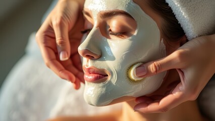 Wall Mural - A woman enjoys a rejuvenating facial treatment in a tranquil spa environment. Her face is covered with a green mask, while a professional applies a gentle massage technique, enhancing her relaxation a