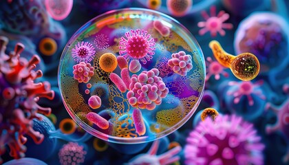 Wall Mural - Colorful variety of microorganism inside petri dish plate in laboratory with super macro zoom 