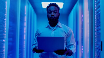Poster - A man is holding a laptop in a dark room with blue walls