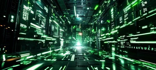 Poster - Green matrix virtual digital space portal technology background. Generative video AI technology.	
