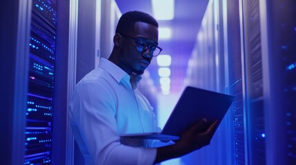 Aufkleber - A man wearing glasses is using a laptop in a dark room