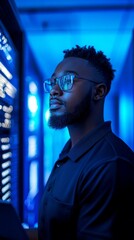 Poster - A man with glasses is looking at a computer screen
