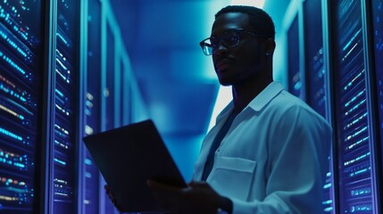 Aufkleber - A man in a white lab coat is holding a laptop in a dark room with many computer