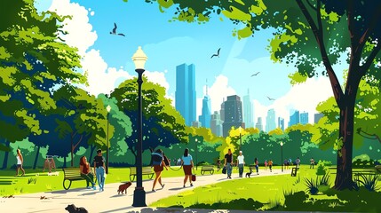 Canvas Print - A cartoon illustration of a park with people, trees, and a city skyline in the distance.