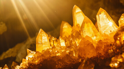 Aufkleber - Vibrant golden crystals shining under warm sunlight in a cave