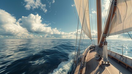 a view from the deck of a sailboat open ocean on a clear summer sunny day, travel and adventure.