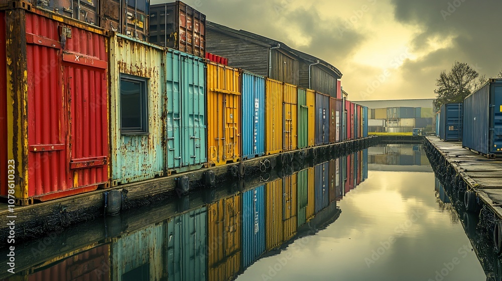 Shipping Container In Water Colorful shipping containers line a dock with reflections in the water ...