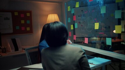 Poster - Two businesswomen are working late in the office. One is writing on a glassboard with a marker while the other watches and laughs