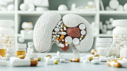 conceptual representation of a human brain filled with various types of pills and medication bottles