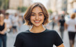© Janjira - A cheerful young woman smiling confidently in a bustling urban environment, showcasing happiness and positivity in a vibrant city street.