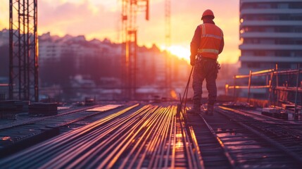 Poster - A construction worker wearing a bright orange vest stands on a bridge