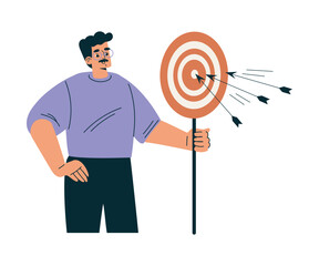 Aufkleber - Man Character with Dartboard as Productive Team Member Vector Illustration
