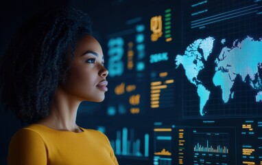 Poster - young African American woman looking at big digital screen with graphs , numbers and world map on it , business and economic learning concept