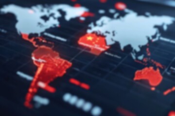Poster - High-tech world map with glowing countries, data visualization for global analysis and connectivity, perfect for technology and travel themes.