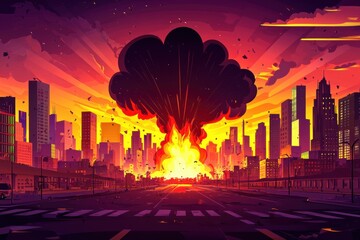 Poster - Vibrant digital artwork depicting an explosive urban scene at sunset, showcasing dramatic colors and towering skyscrapers engulfed in flames.