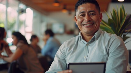 Digital tablet and portrait of a cheerful entrepreneur celebrating startup success online, with a confident smile while working on a business proposal in an office setting