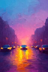 Poster - A vibrant, impressionistic cityscape at twilight, showcasing glowing cars and reflections on wet streets, evoking a sense of calm and wonder.