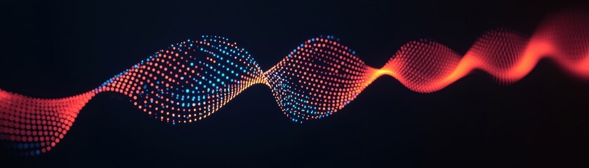 Poster - Vibrant abstract wave pattern with colorful dots representing sound waves or digital signals against a dark background, ideal for tech visuals.