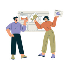 Aufkleber - Productive Team with Business Man and Woman with Window Screen Work Together Vector Illustration