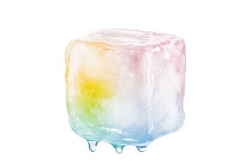 Poster - A vibrant, melting ice cube showcasing a spectrum of colors, ideal for cool beverage concepts and refreshing summer imagery.
