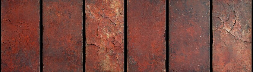 Poster - Close-up of an aged, textured surface featuring cracks and peeling paint, showcasing a rich, rustic patina ideal for artistic backgrounds.